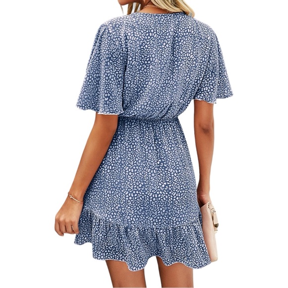 Flowy Fall Casual Short Sleeve V-Neck Ruffle Printed Flowy Mini Dress Small Blue - Picture 9 of 9